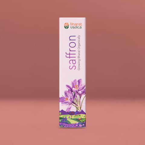 Bharat Vedica Kashmir Saffron in a Box Packaging, part of a collection of culinary ingredients.
