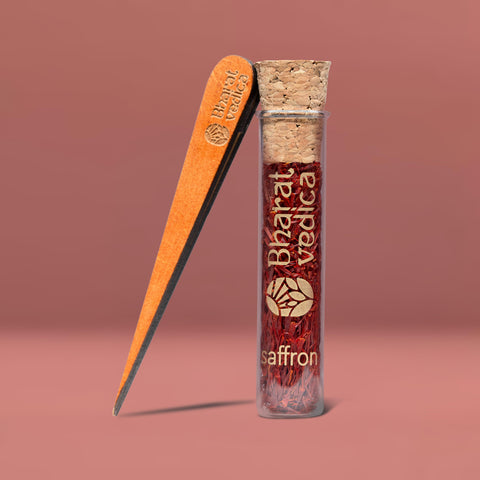 Precious Bharat Vedica Kashmir Saffron threads stored in a glass jar.