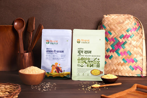 Khichdi Comfort Pack (Organic Yellow Gram Split/Moong Dal 1kg + Organic Basmati Rice/ Chawal 1kg) 20% Discount appiled at Checkout Bharat Vedica