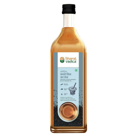 Organic Wood Pressed Black Sesame Oil by Bharat Vedica front view