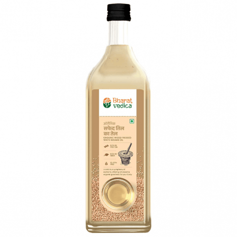 Organic Wood Pressed White Sesame Oil by Bharat Vedica front view