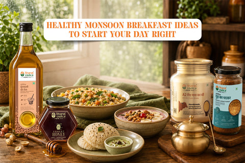 Healthy monsoon breakfast ideas featuring millet porridge, moong dal chilla, Khapli wheat upma, raw honey, fresh fruits, and A2 Gir Cow Ghee.