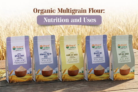 Organic multigrain flour made with ragi, barley, bajra, jowar, and amaranth grains for healthy rotis and balanced nutrition.