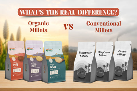 Organic and conventional millets displayed side by side, highlighting differences in farming, nutrition, and sustainability
