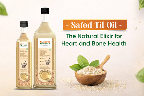 Wood-pressed Safed Til Oil made from white sesame seeds for heart and bone health.