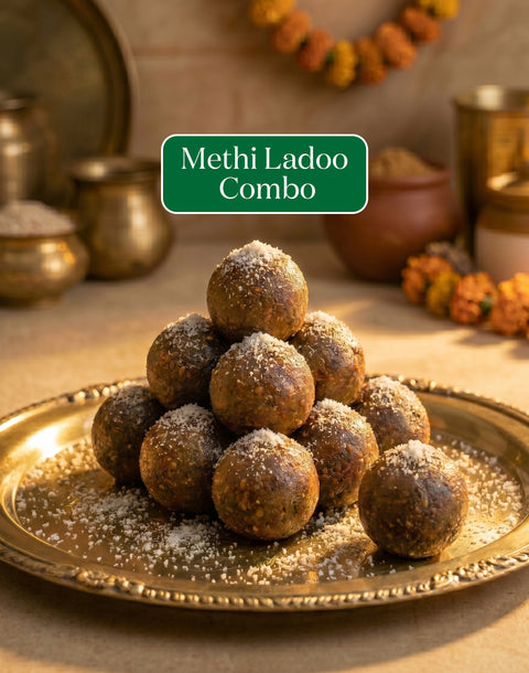 Methi Ladoo Combo (250 ml A2 Gir Cow Ghee + 300 gm Organic Jaggery Powder + 300 gm Organic Fenugreek Seeds + 1 kg Organic Khapli Wheat Atta)