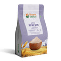 A purple and white packet of Bharat Vedica brand Organic Barley Flour, with text in both Hindi and English. The packet features the brand logo at the top and an image of barley grains at the bottom. The text on the packet reads "ऑर्गेनिक जौ का आटा ORGANIC BARLEY FLOUR" and "Providing Wholesome, Nutrient-Rich & Delicious Food for Your Body".
