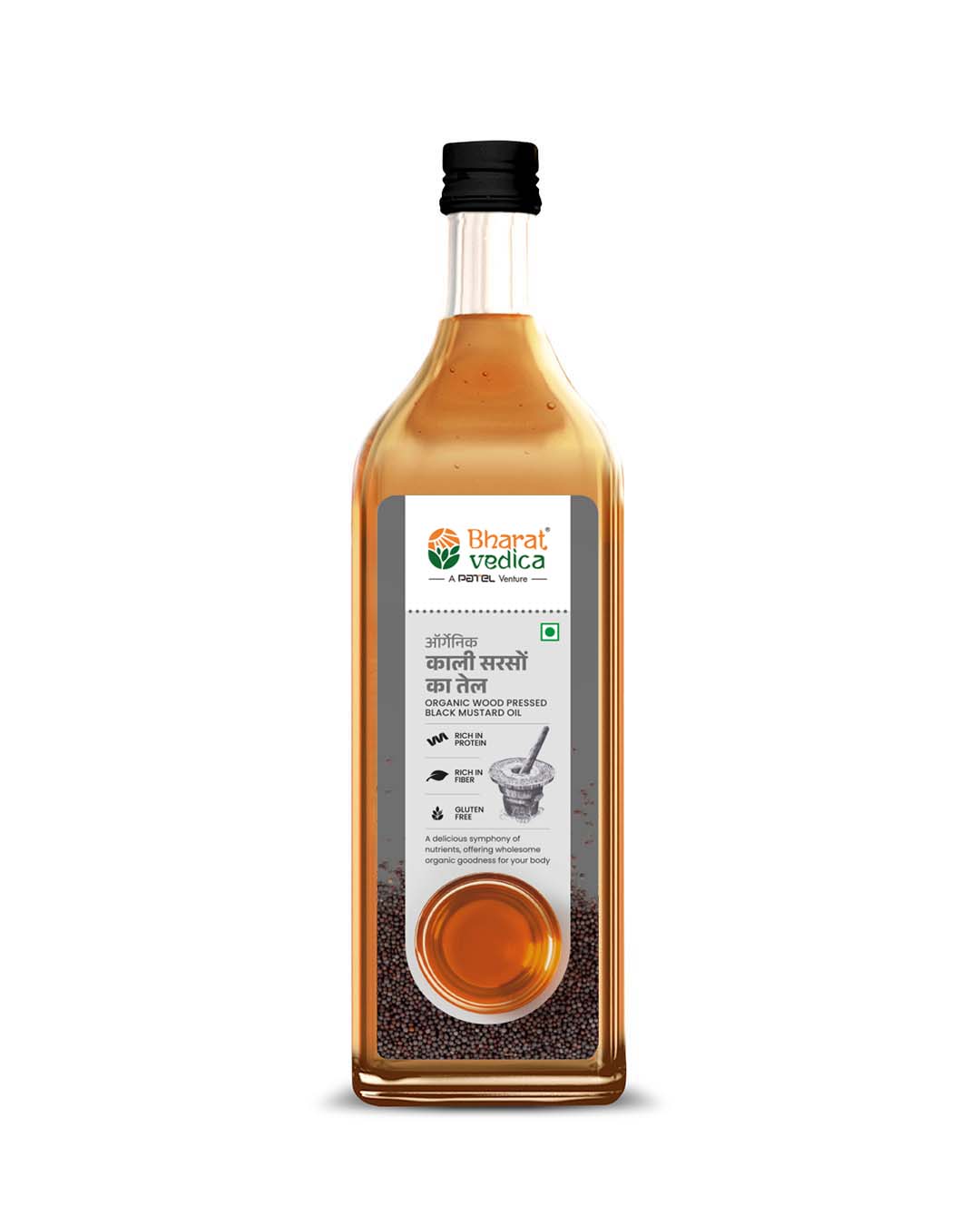 Bottle of Bharat Vedica Organic Wood Pressed Black Mustard Oil on a white background