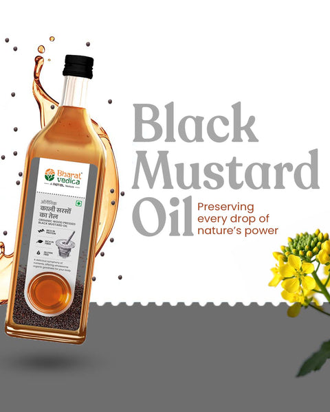 Bottle of Bharat Vedica Organic Wood Pressed Black Mustard Oil with a label and mustard plant on a white background