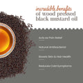 Bharat Vedica Organic Wood Pressed Black Mustard Oil with benefits listed on a white background