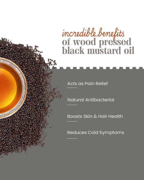 Bharat Vedica Organic Wood Pressed Black Mustard Oil with benefits listed on a white background