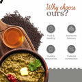 Bowl of green curry with a side of spices and oil, with text 'Why choose ours?' and icons below.