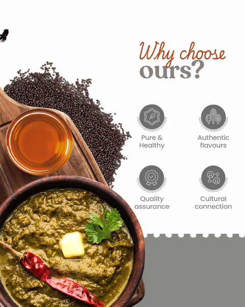Bowl of green curry with a side of spices and oil, with text 'Why choose ours?' and icons below.