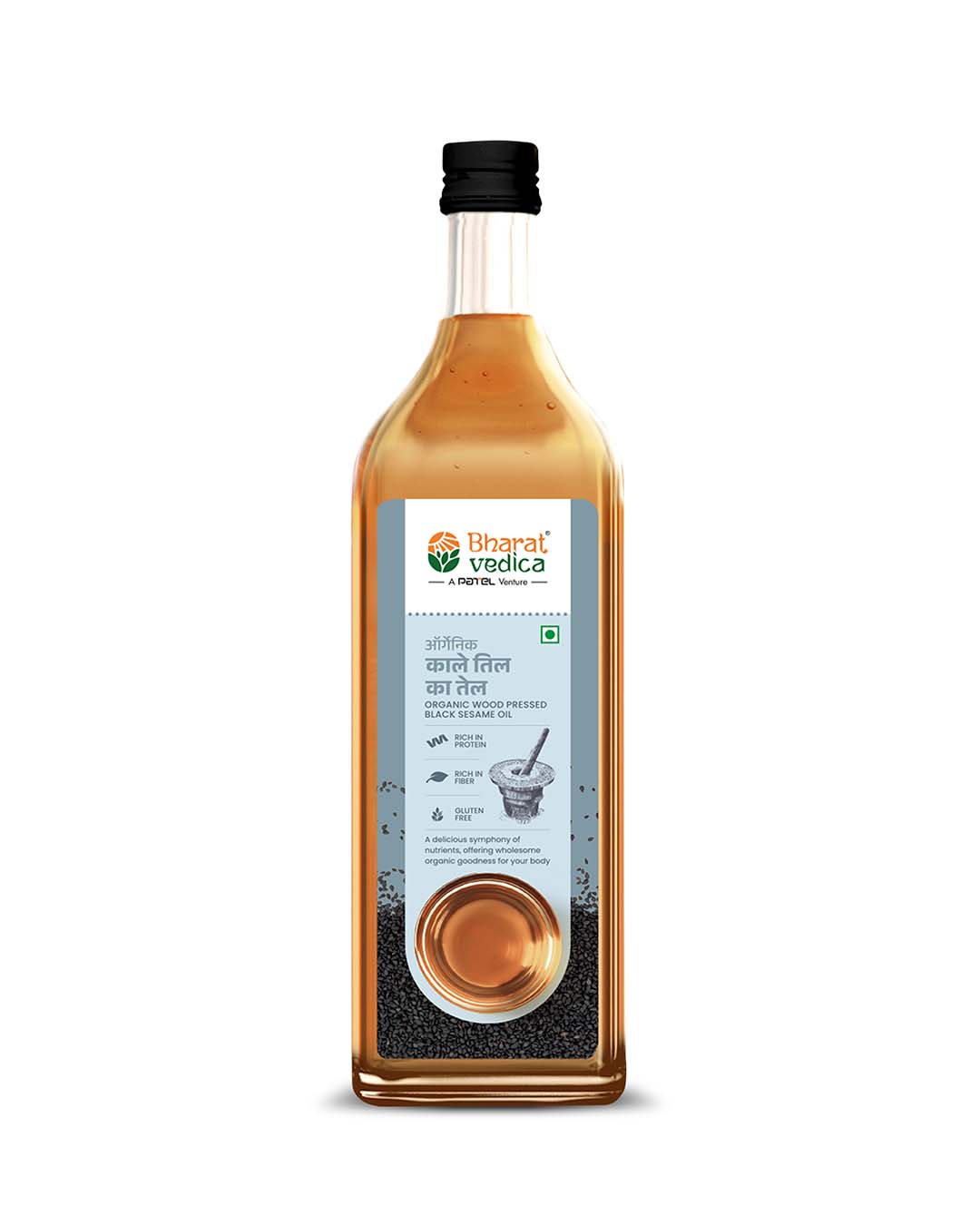Bottle of Bharat Vedica Organic Wood Pressed Black Sesame oil on a white background