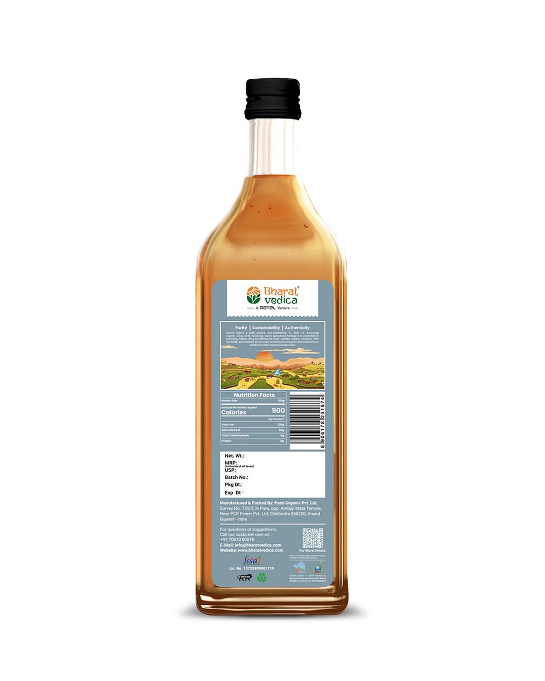 Bottle of Bharat Vedica Organic Wood Pressed Black Sesame oil with packaging label on a white background