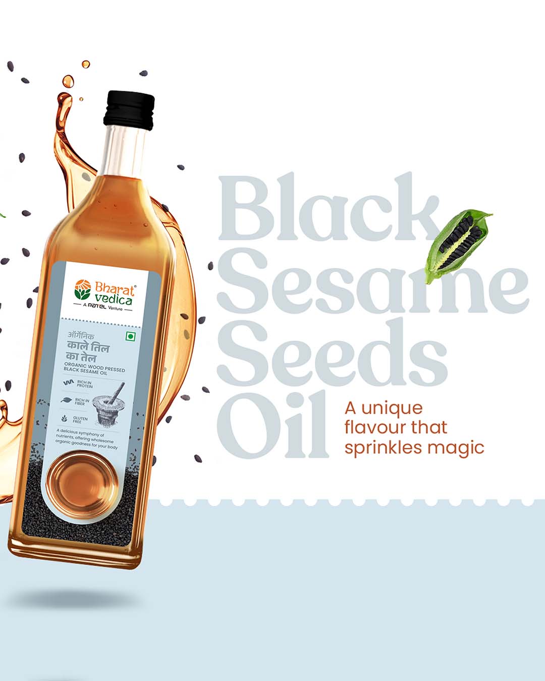 Bottle of Black Sesame Seeds Oil from Bharat Vedica on a white background