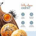 Two bread rolls with sesame seeds on a wooden board with a small bowl of oil, accompanied by text 'Why choose ours?' and icons by Bharat Vedica