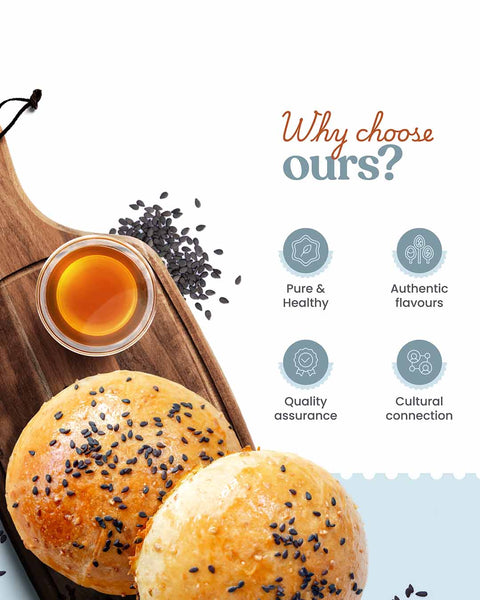 Two bread rolls with sesame seeds on a wooden board with a small bowl of oil, accompanied by text 'Why choose ours?' and icons by Bharat Vedica