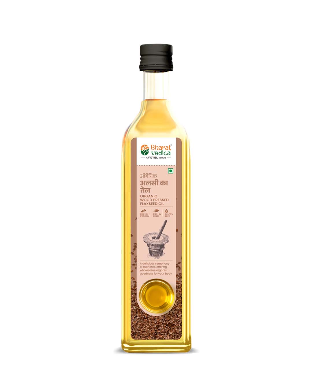Bottle of Bharat Vedica Organic Wood Pressed Flaxseed oil on a white background