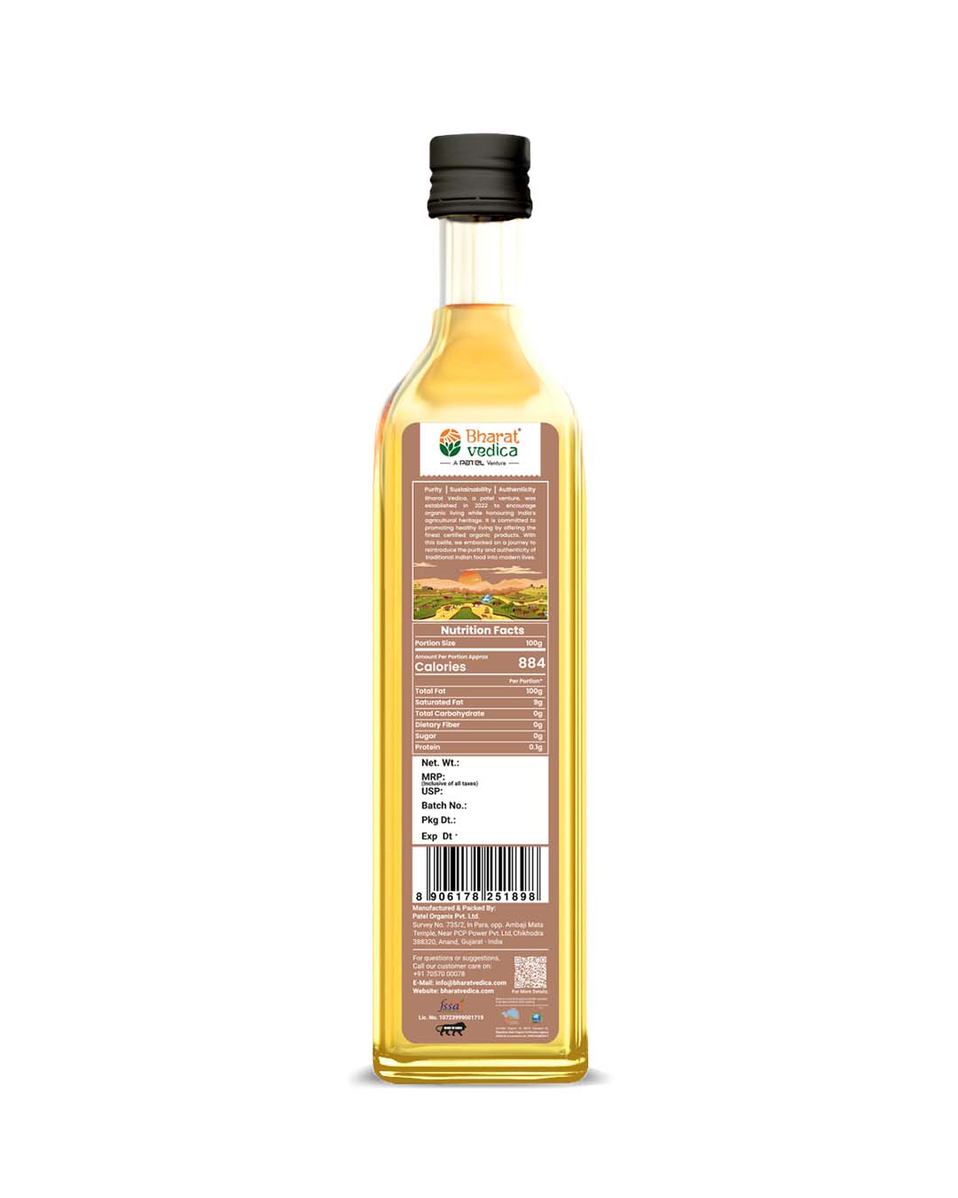 Back view of bottle of Bharat Vedica Organic Wood Pressed Flaxseed oil on a white background