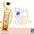 Bottle of Bharat Vedica wood pressed  flax seed oil with a decorative background and text.