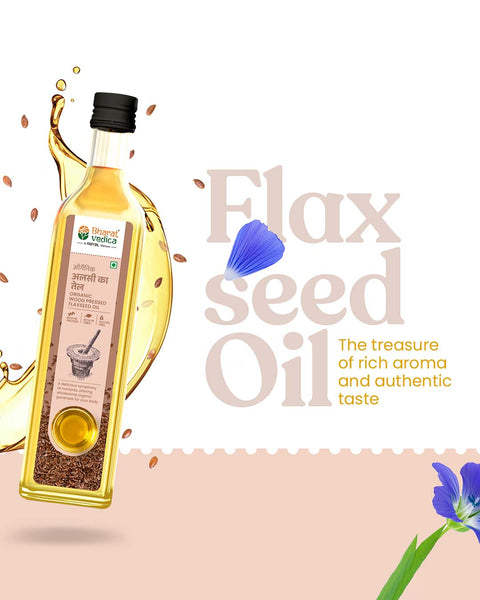 Bottle of Bharat Vedica wood pressed  flax seed oil with a decorative background and text.