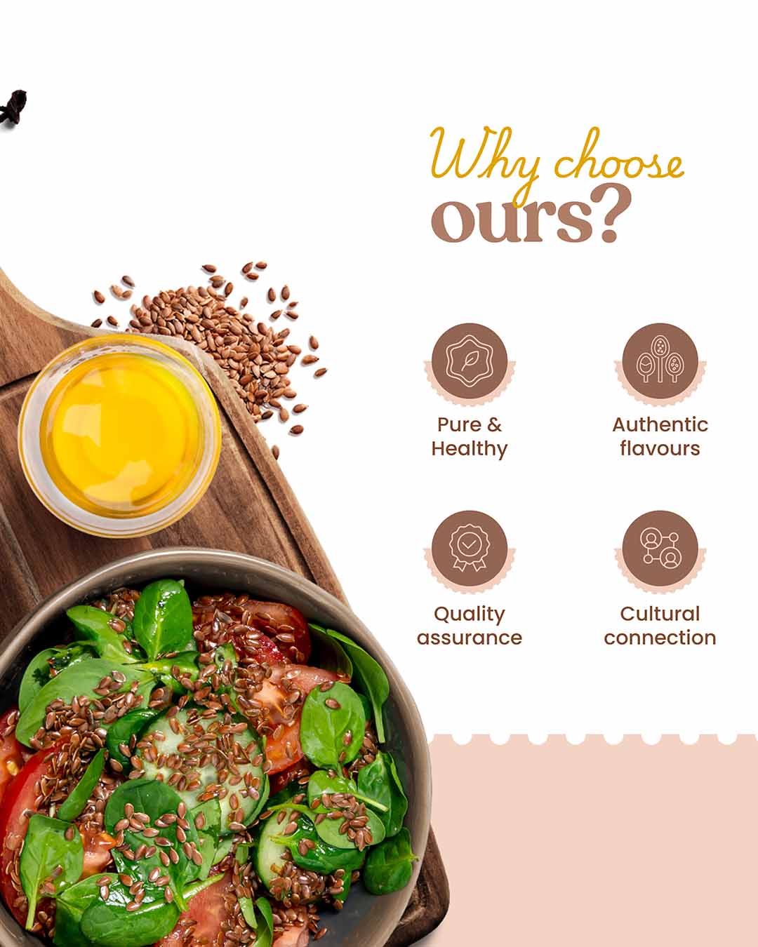 Salad with seeds and a bowl of oil on a wooden board, with text highlighting qualities of Bharat Vedica Organic Wood Pressed Flax Seed Oil