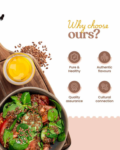 Salad with seeds and a bowl of oil on a wooden board, with text highlighting qualities of Bharat Vedica Organic Wood Pressed Flax Seed Oil
