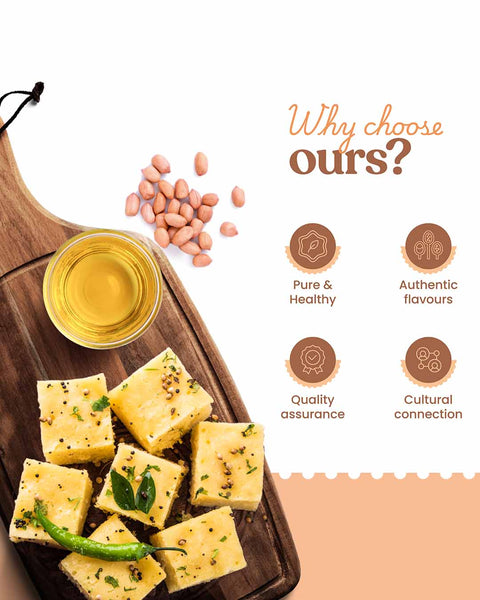 Wooden cutting board with food items and a glass of oil, accompanied by text about choosing Bharat Vedica Organic Wood Pressed Groundnut Oil