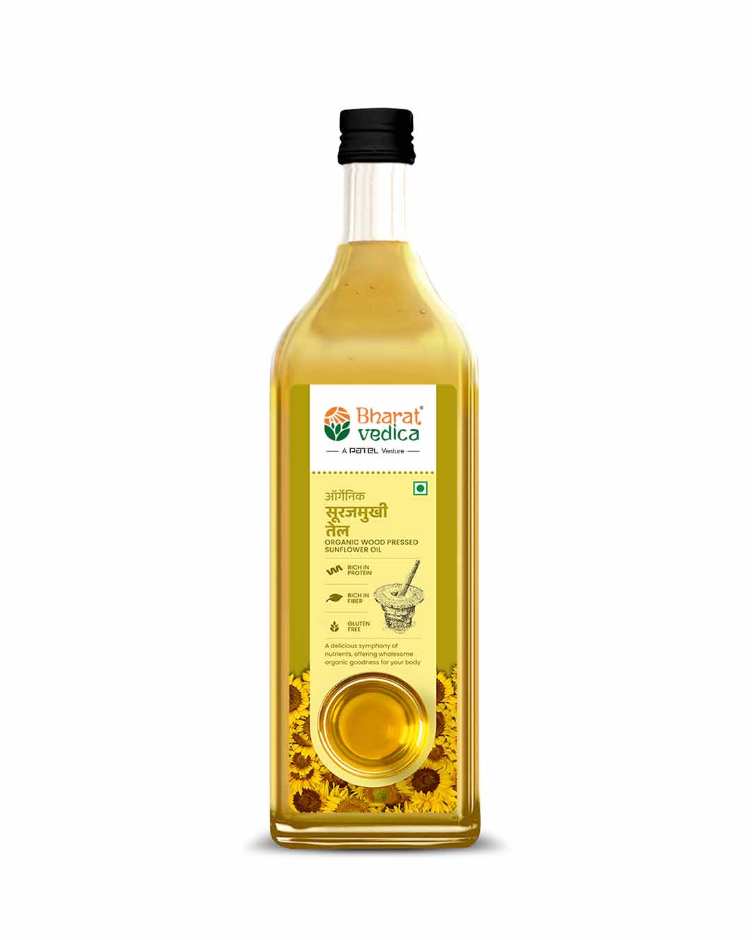 Bottle of Bharat Vedica Organic Wood Pressed Sunflower Oil on a white background