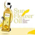 Bottle of Bharat Vedica Organic Wood Pressed Sunflower Oil on a white and yellow background and product details.