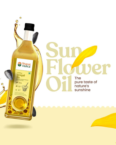 Bottle of Bharat Vedica Organic Wood Pressed Sunflower Oil on a white and yellow background and product details.