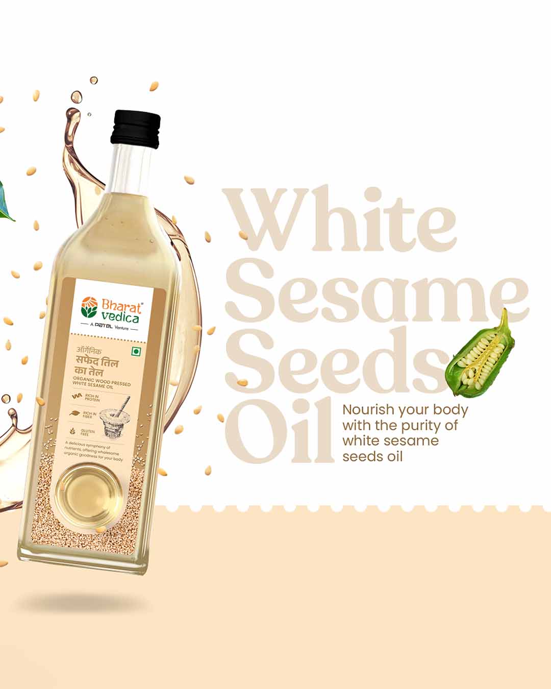 Bottle of Bharat Vedica Organic Wood Pressed White Sesame Oil with text on a white background