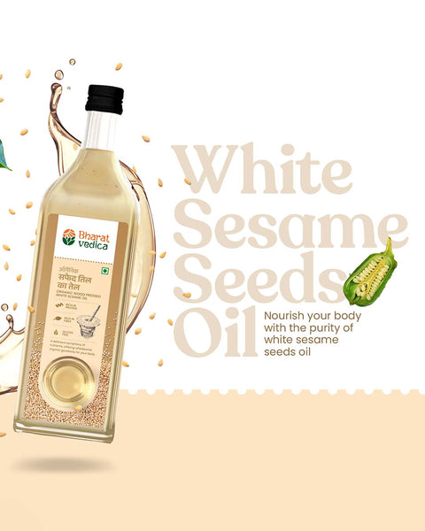 Bottle of Bharat Vedica Organic Wood Pressed White Sesame Oil with text on a white background
