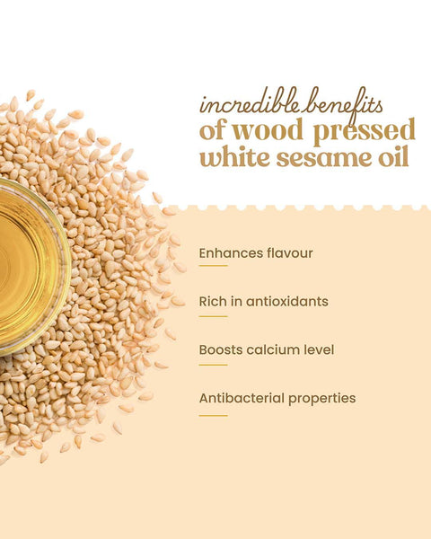 Bharat Vedica Organic Wood Pressed White Sesame Oil and seeds with benefits listed on a beige background
