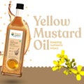 Bhagat Vedica Yellow Mustard Oil bottle with flowers on a white background