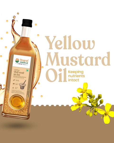 Bhagat Vedica Yellow Mustard Oil bottle with flowers on a white background