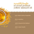 Bhagat Vedica Yellow Mustard Oil with benefits listed on a beige background