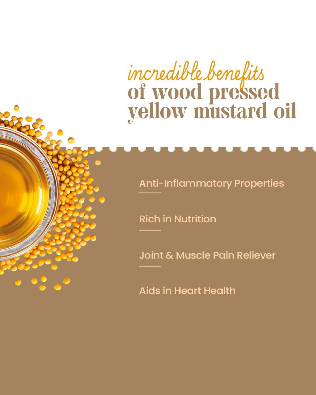 Bharat Vedica Yellow Mustard Oil with benefits listed on a beige background