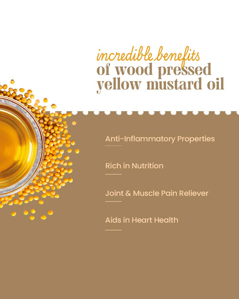 Bhagat Vedica Yellow Mustard Oil with benefits listed on a beige background