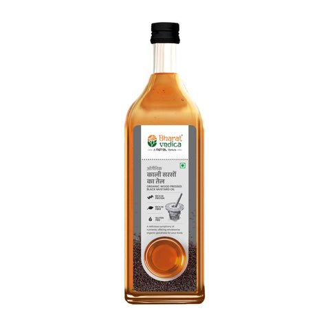 Bottle of Organic Wood Pressed Black Mustard Oil by Bharat Vedica