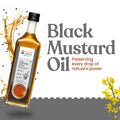 Bottle of Bharat Vedica Organic Wood Pressed Black Mustard Oil with a label and mustard plant on a white background