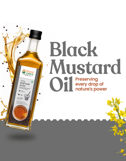 Bottle of Bharat Vedica Organic Wood Pressed Black Mustard Oil with a label and mustard plant on a white background