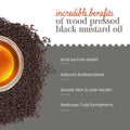 Bharat Vedica Organic Wood Pressed Black Mustard Oil with benefits listed on a white background