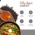 Bowl of green curry with a side of spices and oil, with text 'Why choose ours?' and icons below.