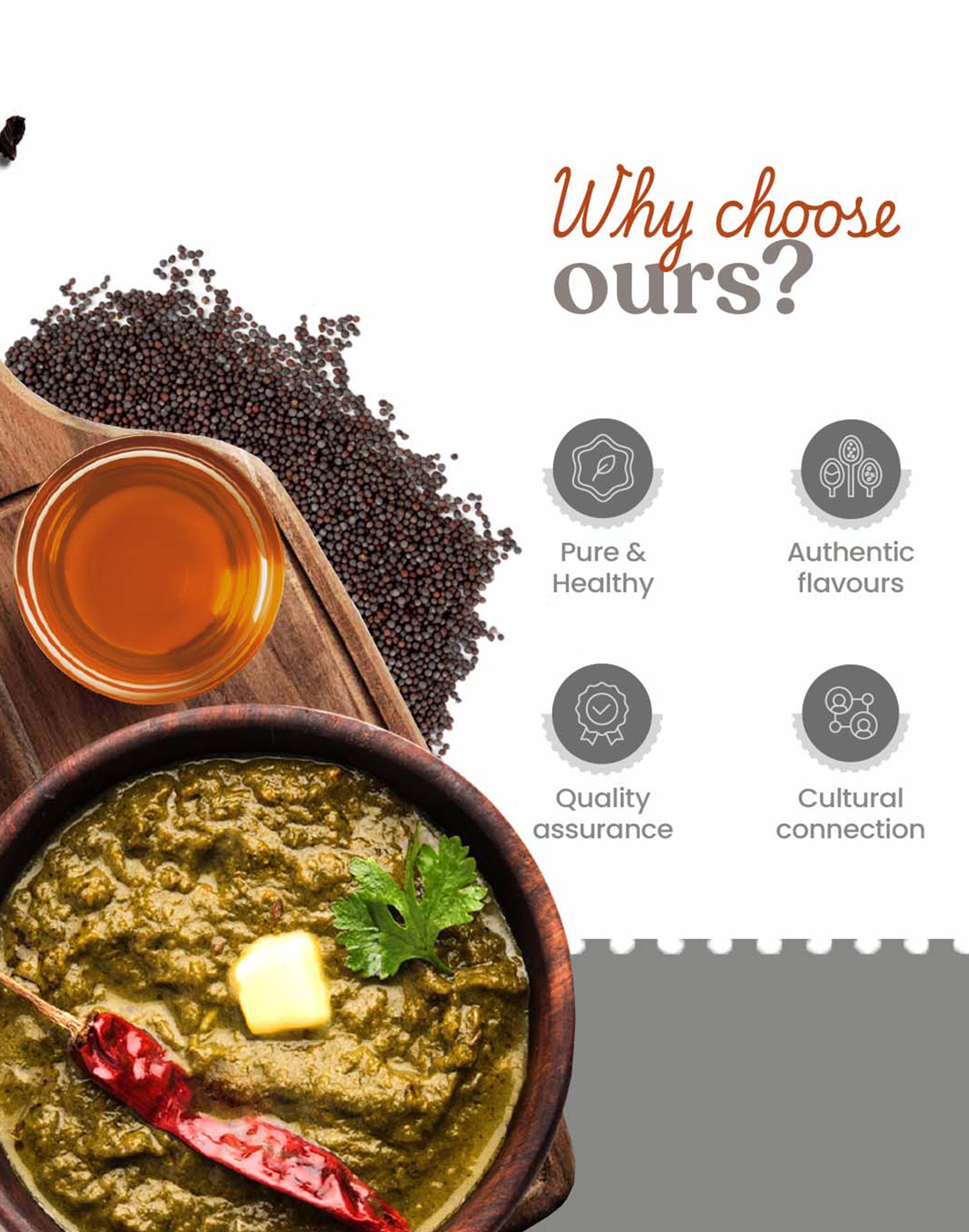 Bowl of green curry with a side of spices and oil, with text 'Why choose ours?' and icons below.