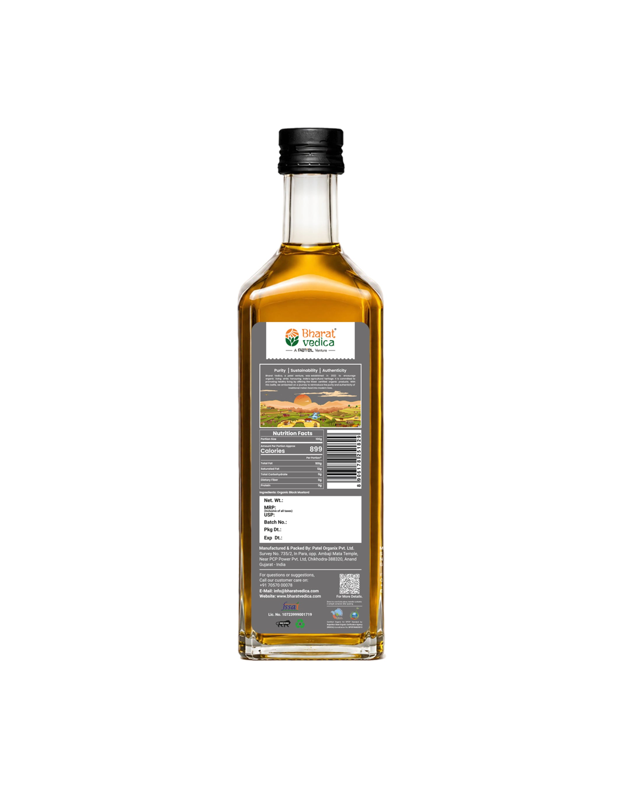 Bottle of Bharat Vedica Organic Wood Pressed Black Mustard Oil with packaging label on a white background.
