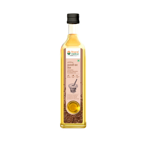 Bottle of Organic Wood Pressed Flaxseed Oil by Bharat Vedica