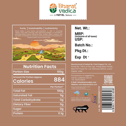 Packaging of Bottle of Organic Wood Pressed Flaxseed Oil by Bharat Vedica