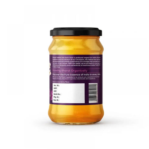 Bharat Vedica’s natural forest honey in a premium glass jar. back view